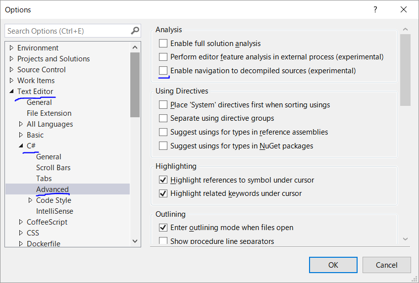 navigation to decompiled souces の有効化設定